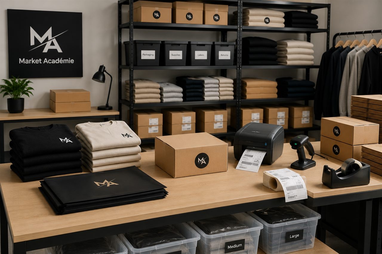 Market Académie branded fulfillment workspace with packed parcels, shelving, and a label printer